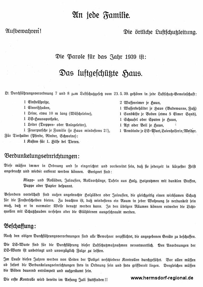 Luftschutzmerkblatt für Hermsdorf aus dem Jahr 1939